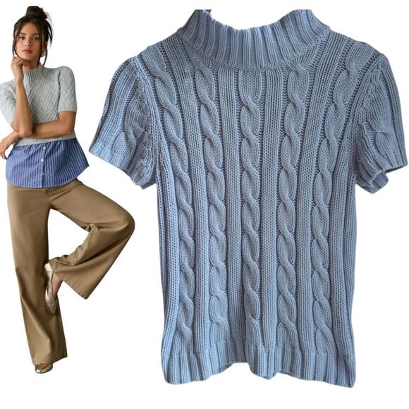 Cotton Baby Blue Cable Knit Short Sleeves Sweater Size S - Picture 2 of 7
